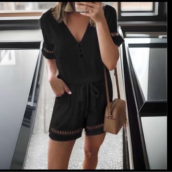 Formal Deep V Neck W/Button Hollowed Designs Elastic Waist Belt W/Pockets Romper - Picture 7 of 12